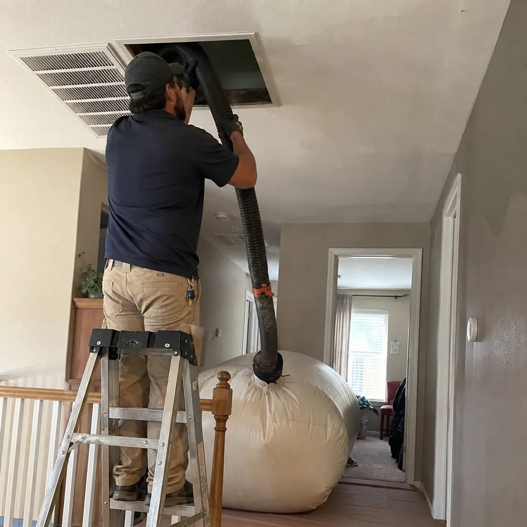 Technician performing professional air duct cleaning service