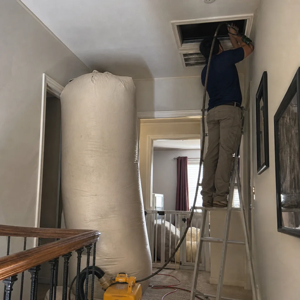 Professional technician cleaning air duct vent with vacuum equipment