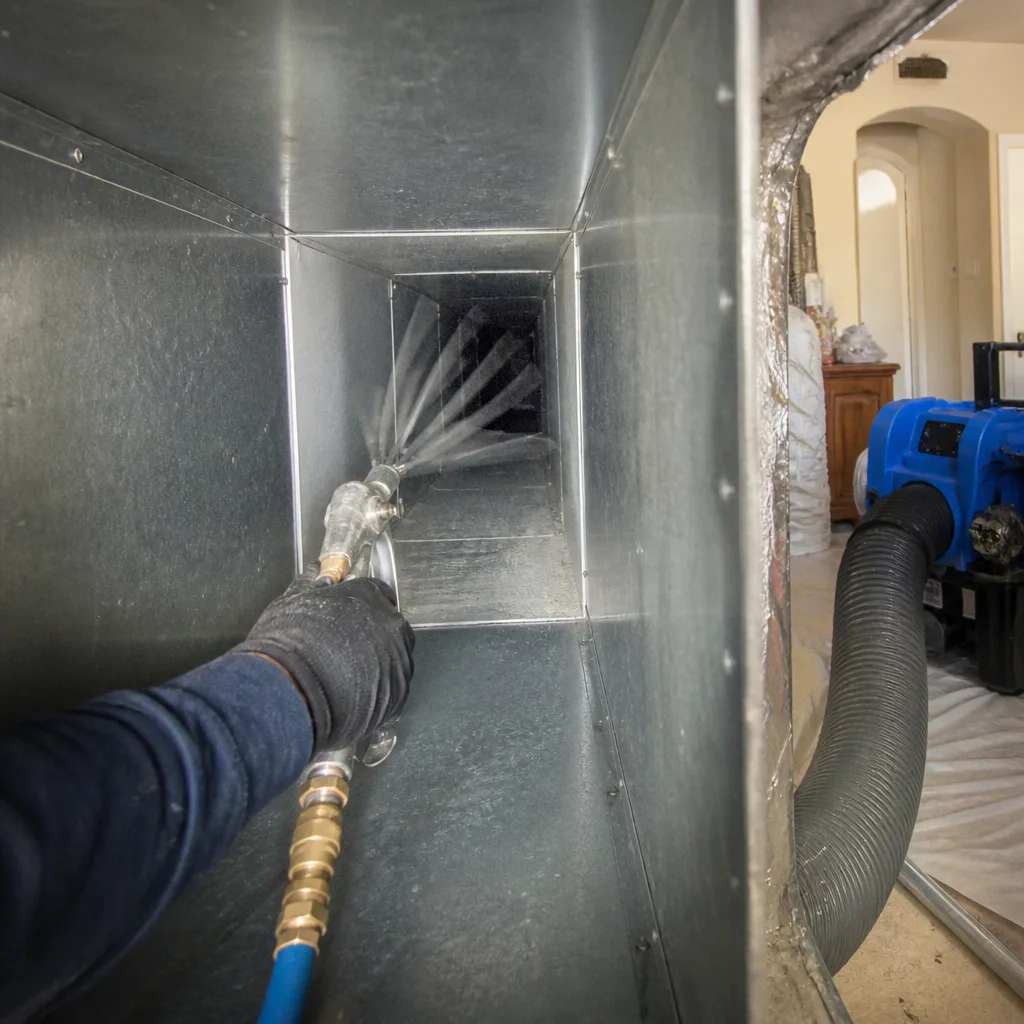 Technician performing professional air duct cleaning with pneumatic spray tool