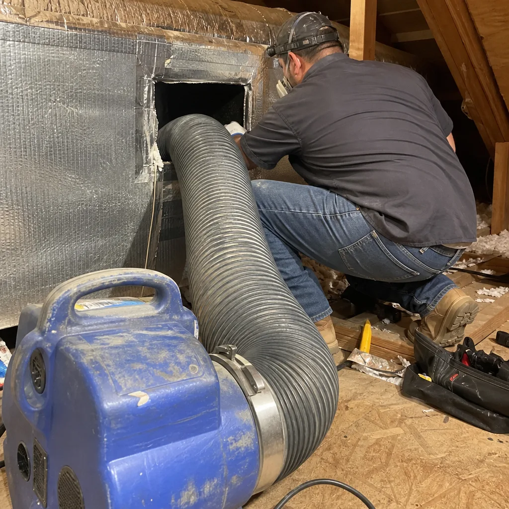 Technician performing professional air duct repair and maintenance in an attic.