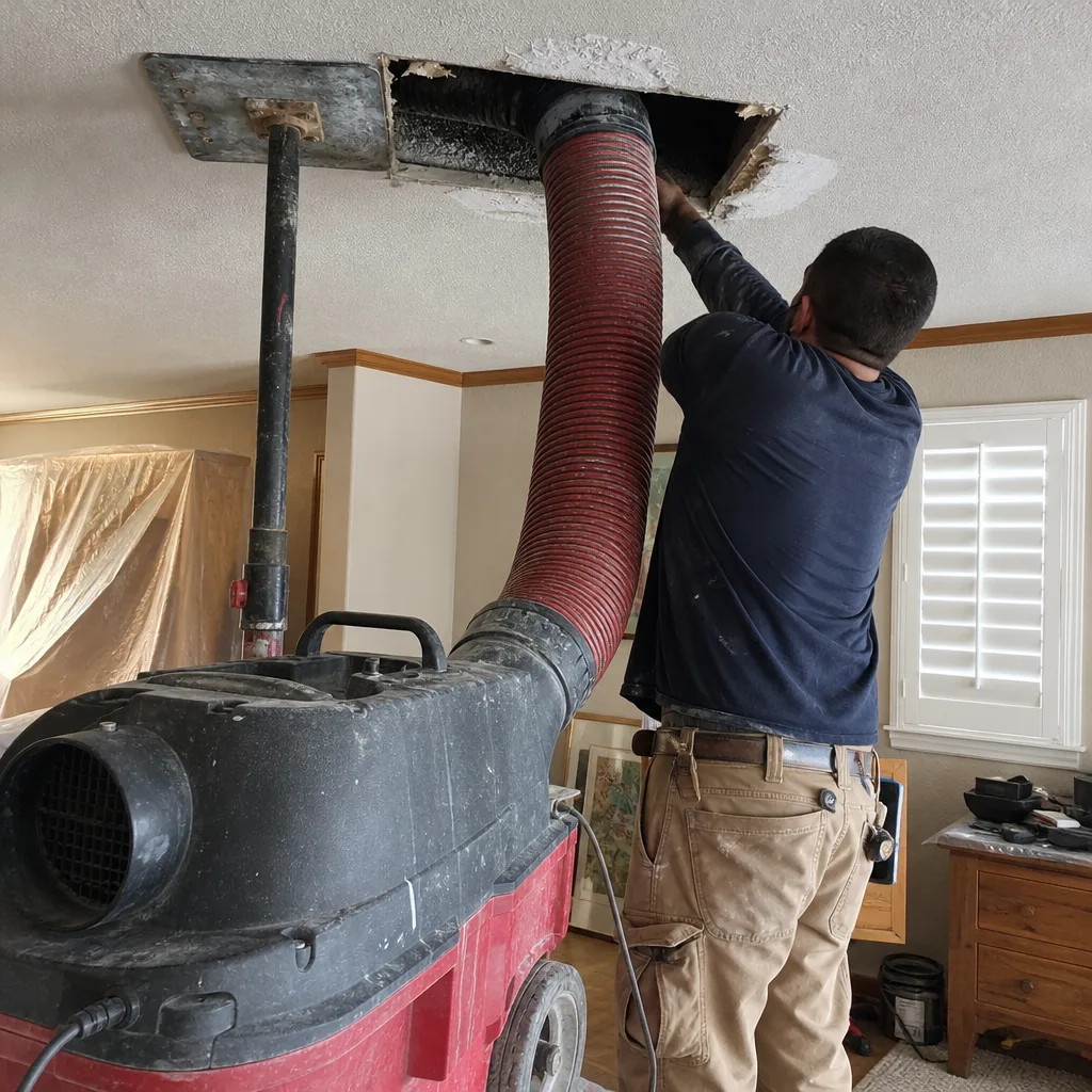 Technician using professional industrial equipment for air duct cleaning and repair service