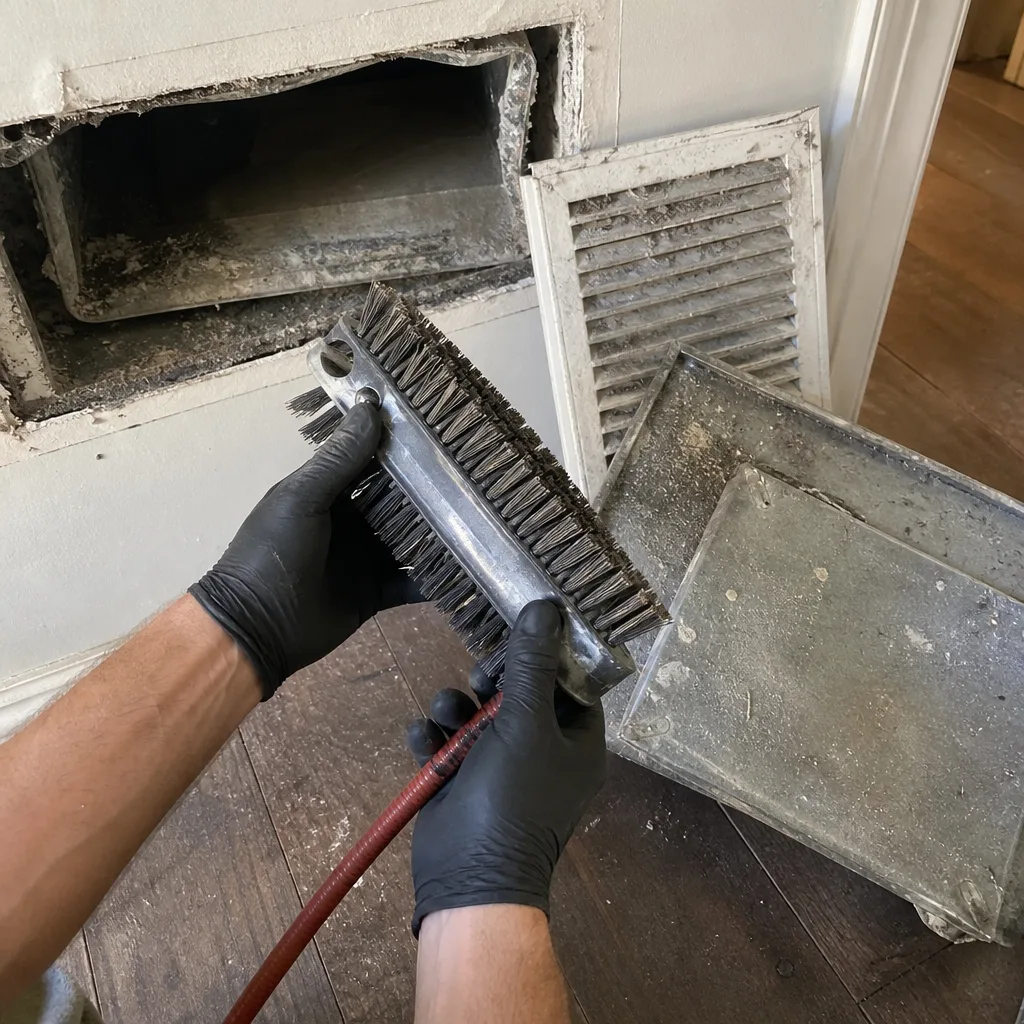 Technician using professional cleaning brush for residential air duct maintenance